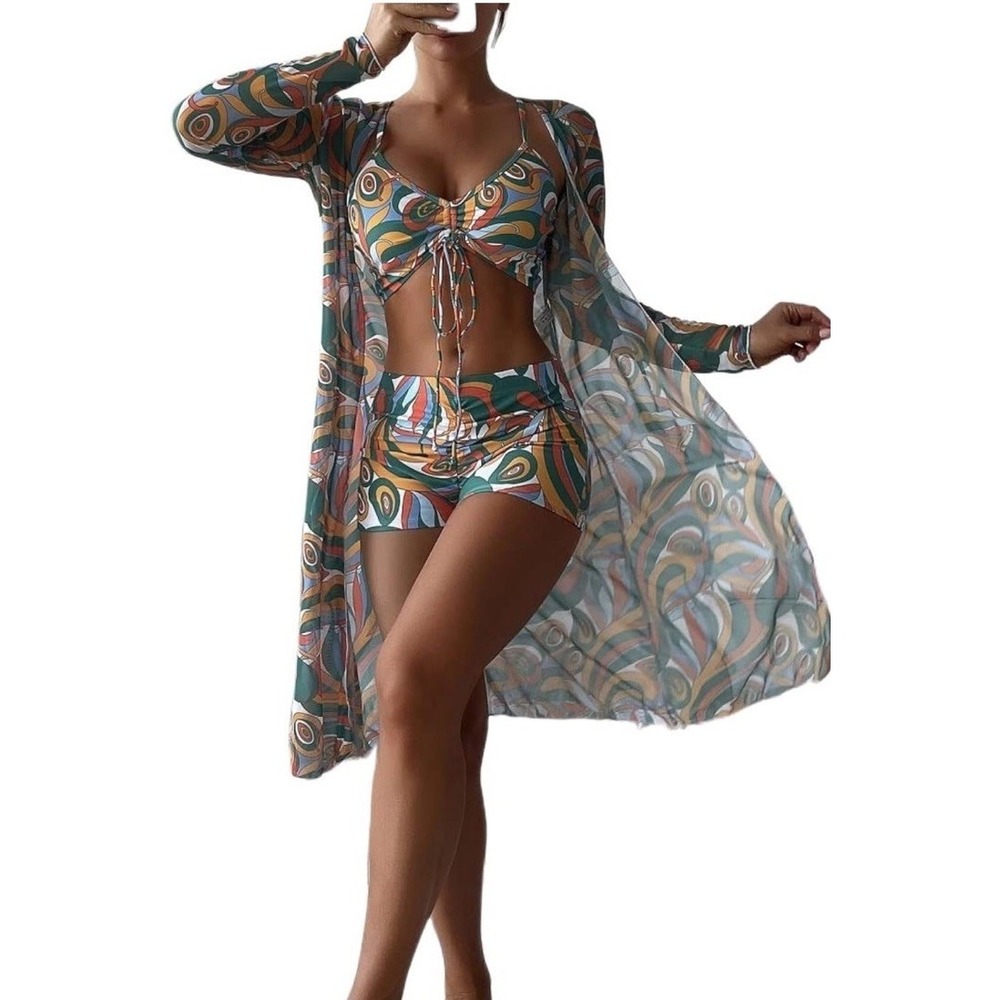 3-Piece Bikini Set with Boyleg Bottoms & Sheer Cover-Up Sexy Swimwear Retro